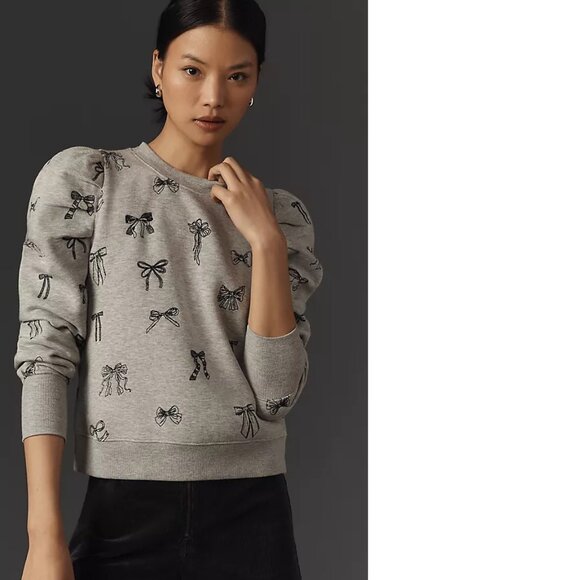 Anthropologie Maeve Puff-Sleeve Embroidered Sweatshirt XS new with tag gray - Picture 4 of 11